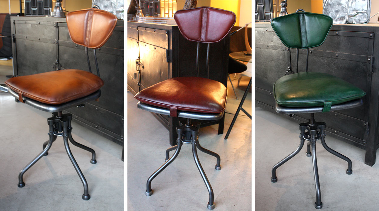 Chaise industrielle Flambo avec coussin en cuir : exemple de coloris