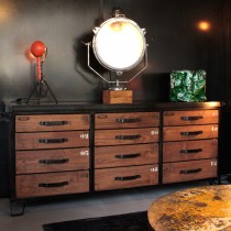 Custom industrial metal/wood sideboard, workshop furniture drawers.