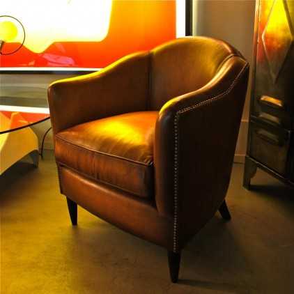 Small leather Bridge armchair "Art Deco" style